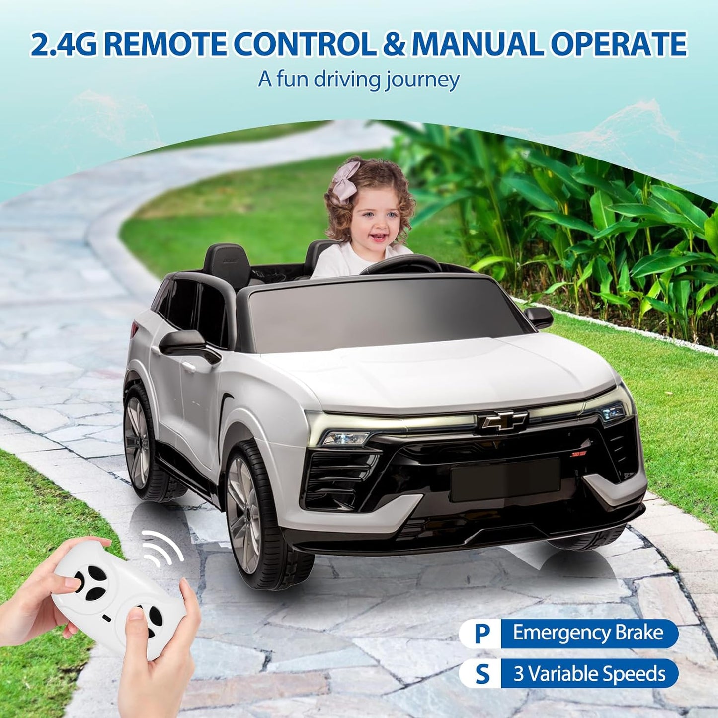 Jojoka Baby Car 24V 2-Seater SUV Licensed Chevrolet Blazer Ride On Toy w/Parent Remote Control,4xSpring Suspension, Wireless Music, Electric Vehicle Car for Kids Ages 3-8,White