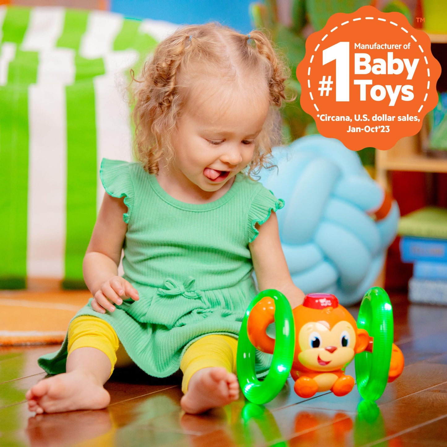 Bright Starts Roll & Glow Monkey Crawling Baby Toy with Lights and Sounds, Tummy Time Toy, 6 Months