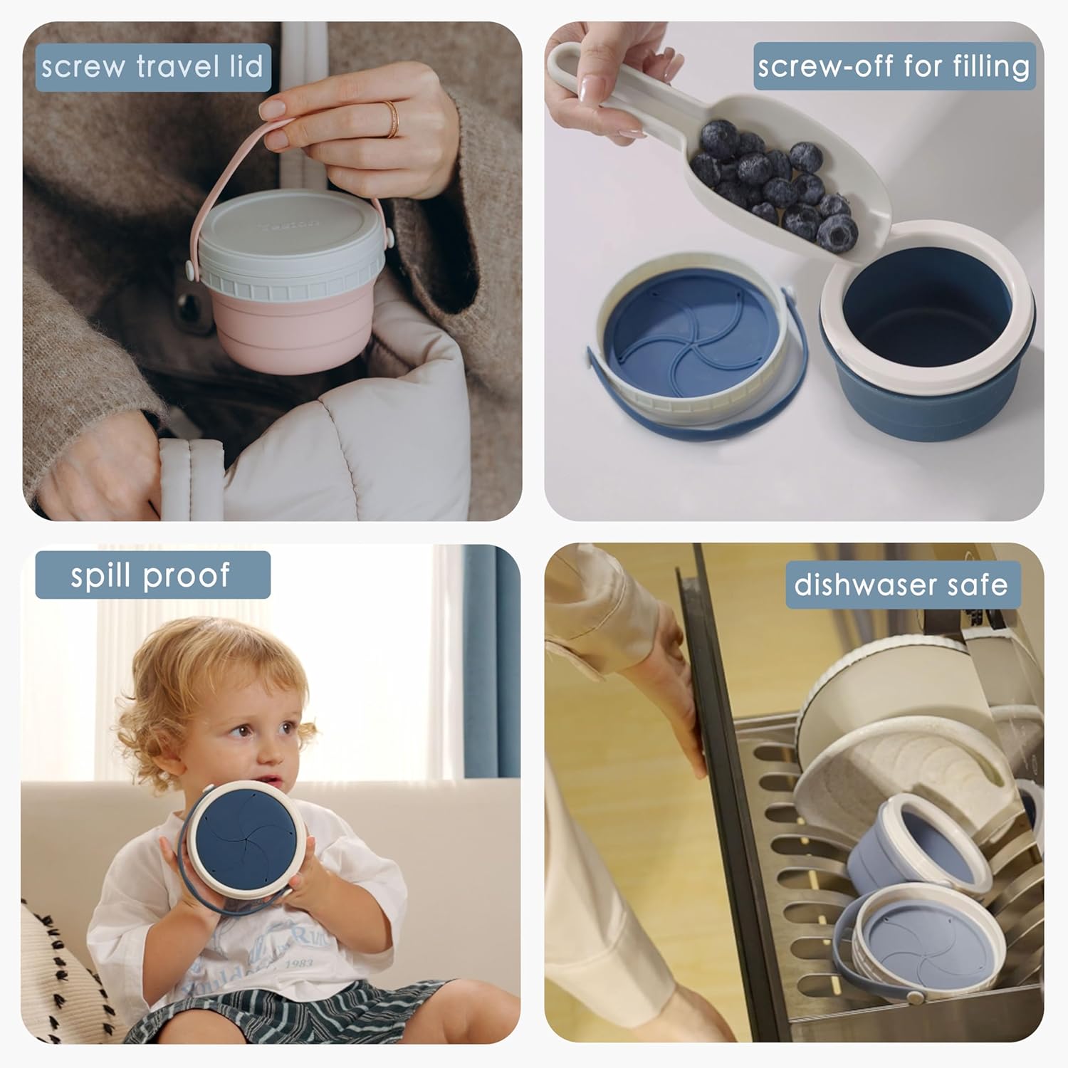 No Spill Silicone Toddler Snack Containers, Detachable Silicone Flap for Filling&Cleaning