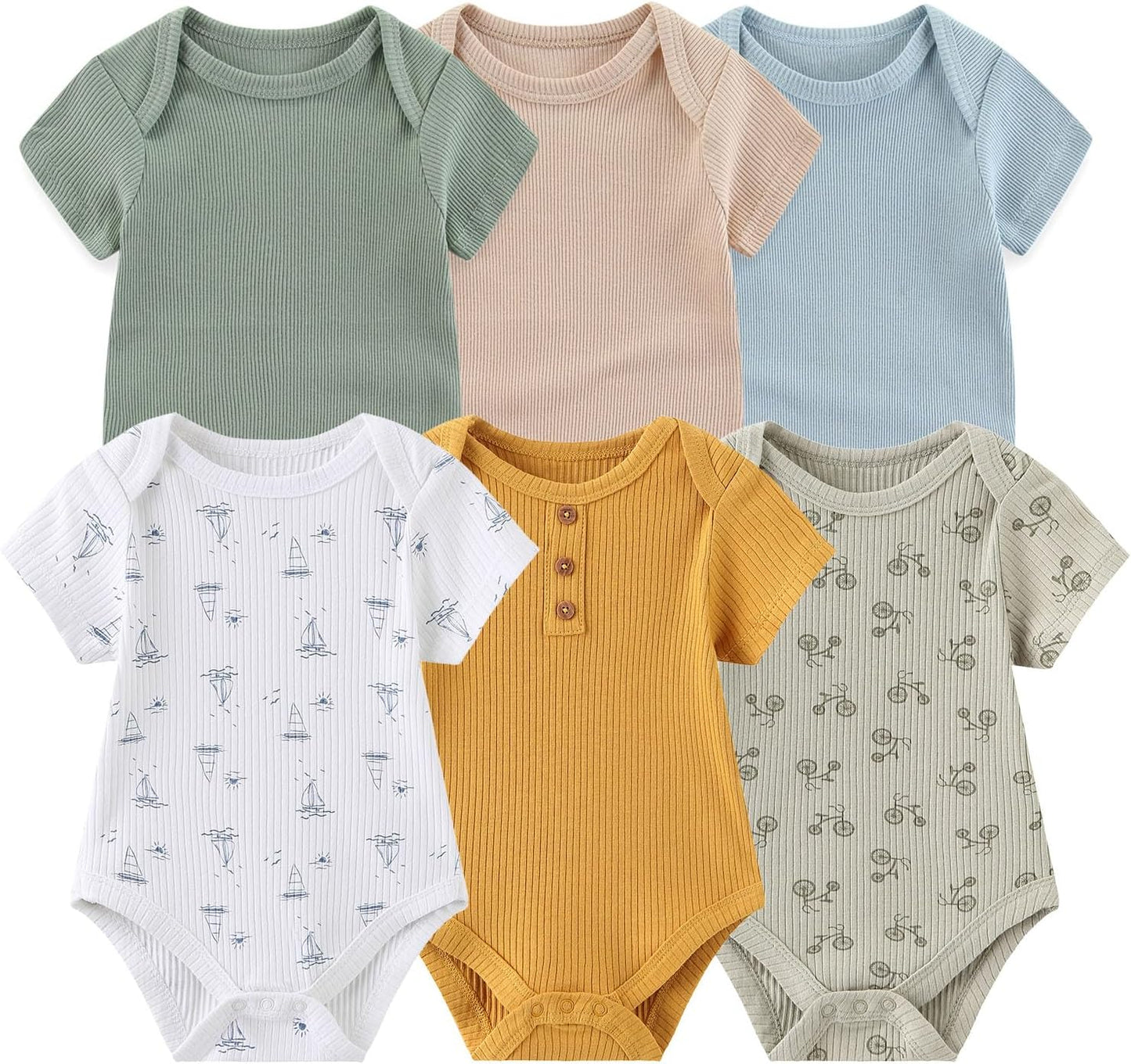Baby Bodysuit 6 Pack Soft Mixed Ribbed Short Sleeve Romper Infant Boy Girl Clothes Set