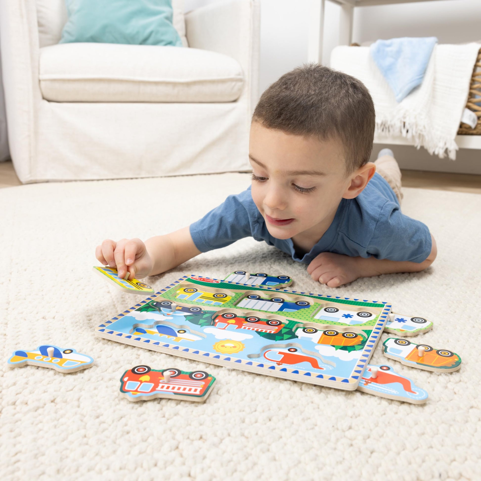 Melissa & Doug Wooden Peg Puzzle Set – 4-Pack Vehicle, Farm, Safari & Pet Animal Themes