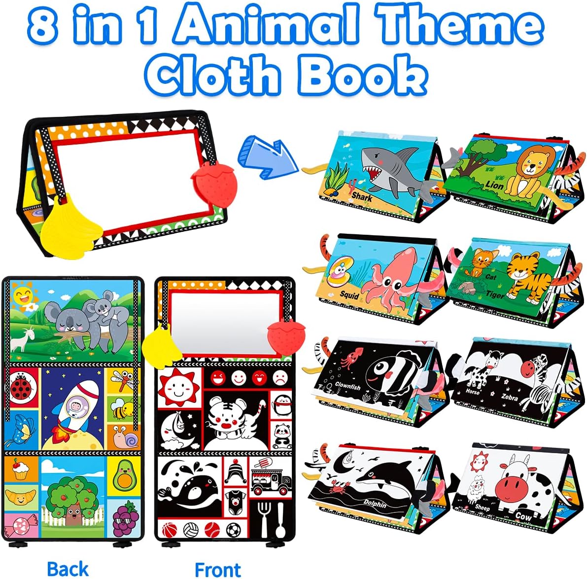 Baby Toys 0-6 Months - Tummy Time Toy Baby Mirror Infant Toys with Cloth Book - Black and White High Contrast Baby Toy for Newborn - Montessori Sensory Toy 0 2 3 4 5 6-12 Months Boy Girl Shower Gifts