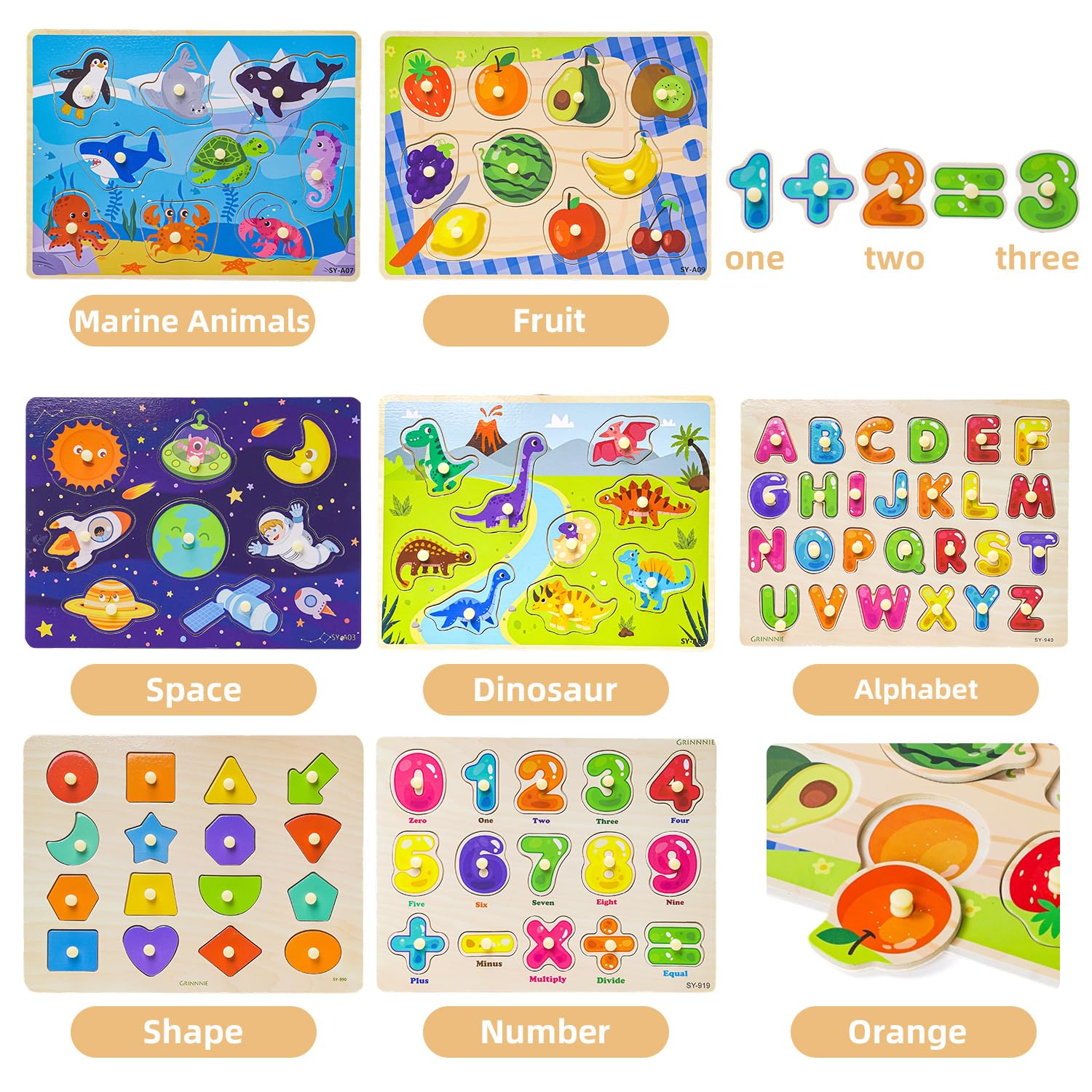 GRINNNIE Toddler Puzzle for 2 3 4 Years Old, 7PCS Montessori Kids Wooden Peg Puzzle Set (Dino
