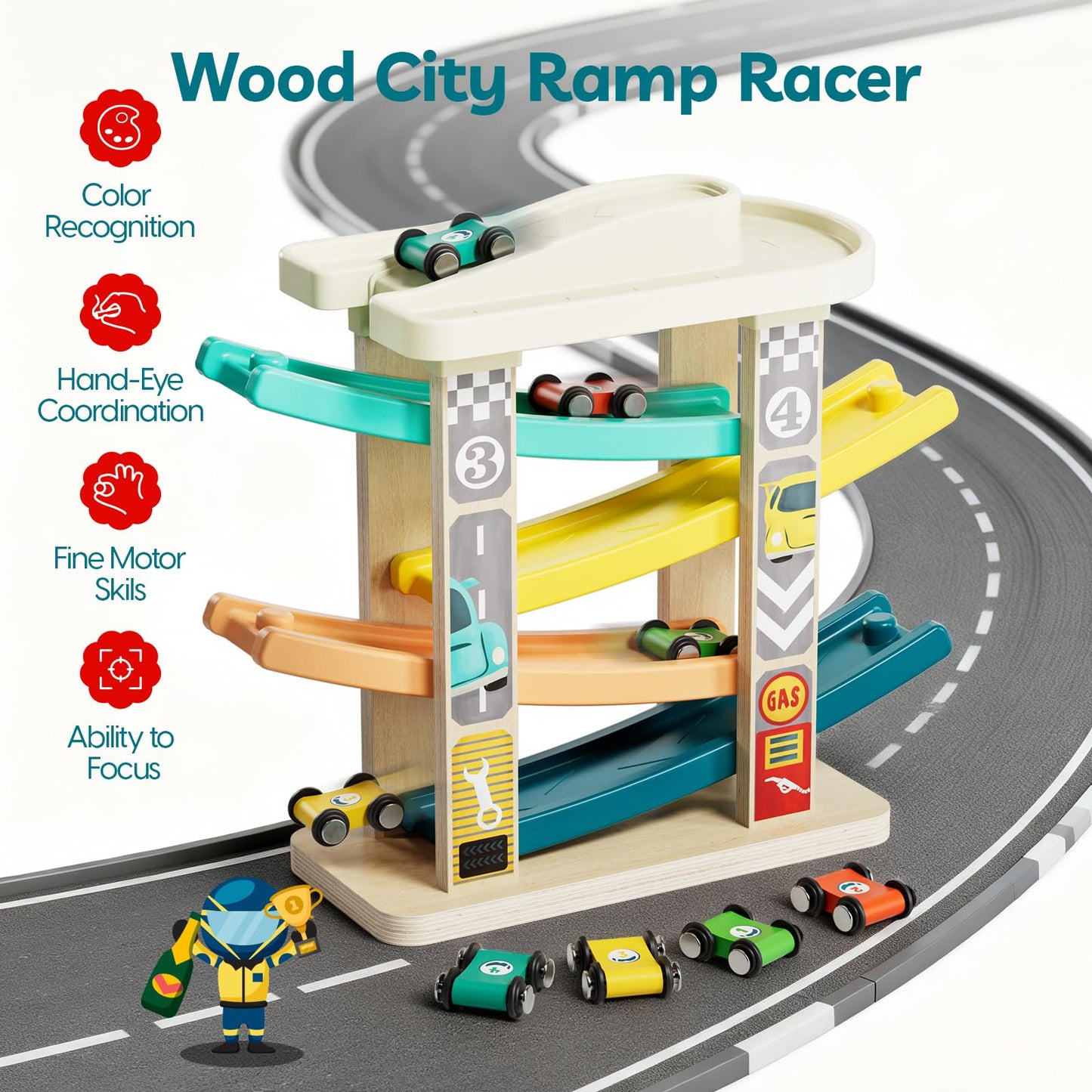 TOP BRIGHT Toddler Toys for 2 Year Old Boy, Wooden Car Ramp Race Track Set