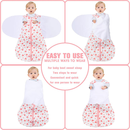 Newborn Sleep Sack Baby Swaddle,0-3 Months,3-Way Adjustable Wearable Blanket,100% Rayon Cotton Swaddling Sleeping Bag，TOG 0.5（Heart&Floral）