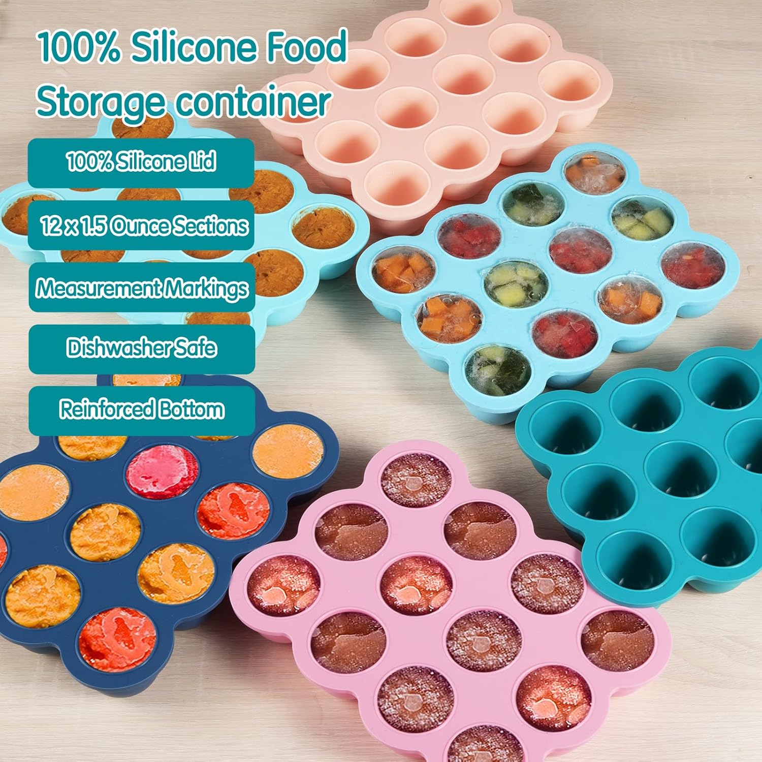 Baby Food Freezer Tray with Clip on Lid, 12 x 1.5 Ounce Baby Food Storage Container, Silicone