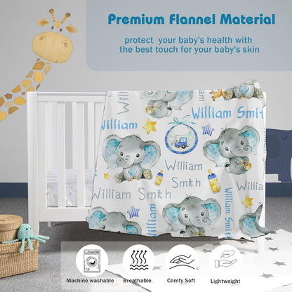 Personalized Elephant Baby Blanket for Boy Girl Custom Name Blanket for Baby Shower Customized Birthday Christmas Newborn Gifts