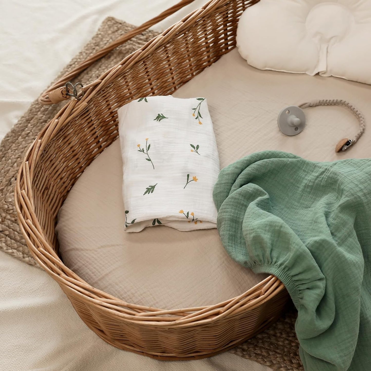 Gllquen Baby Muslin Bassinet Sheets 3 Pack, Breathable Elastic Cozy Fitted Cotton Bassinet Mattress Sheet for Baby Boy Girls, Fit for Hourglass Oval Rectangular Cradle Pad Sheets 33"x17" (Green)