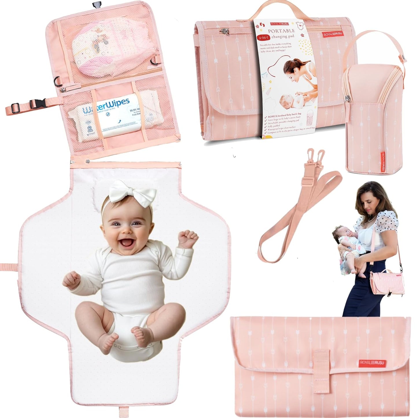 Premium Portable Diaper Changing Pad – CPC Certified Waterproof 2-in-1 Diaper Clutch & Changing Mat with Head Cushion – Bonus Insulated Bottle Bag – Travel Kit Gift for Baby Girls & Boys (Peach)