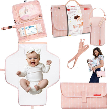 Premium Portable Diaper Changing Pad – CPC Certified Waterproof 2-in-1 Diaper Clutch & Changing Mat with Head Cushion – Bonus Insulated Bottle Bag – Travel Kit Gift for Baby Girls & Boys (Peach)