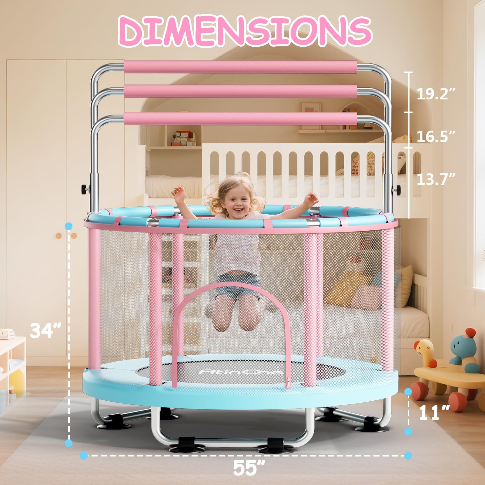 FitinOne 55" Toddler Mini Trampoline for Kids, Indoor Outdoor Toys with Swing, 440lbs Baby Kids