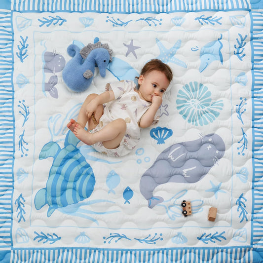 Momcozy Baby Play Mat for Floor, 50x50 Thickened Playpen Mat, Playmate for Baby Tummy Time, Waterproof & Non-Slip, Foldable Outdoor Mat with Carrying Handle, Ocean Theam