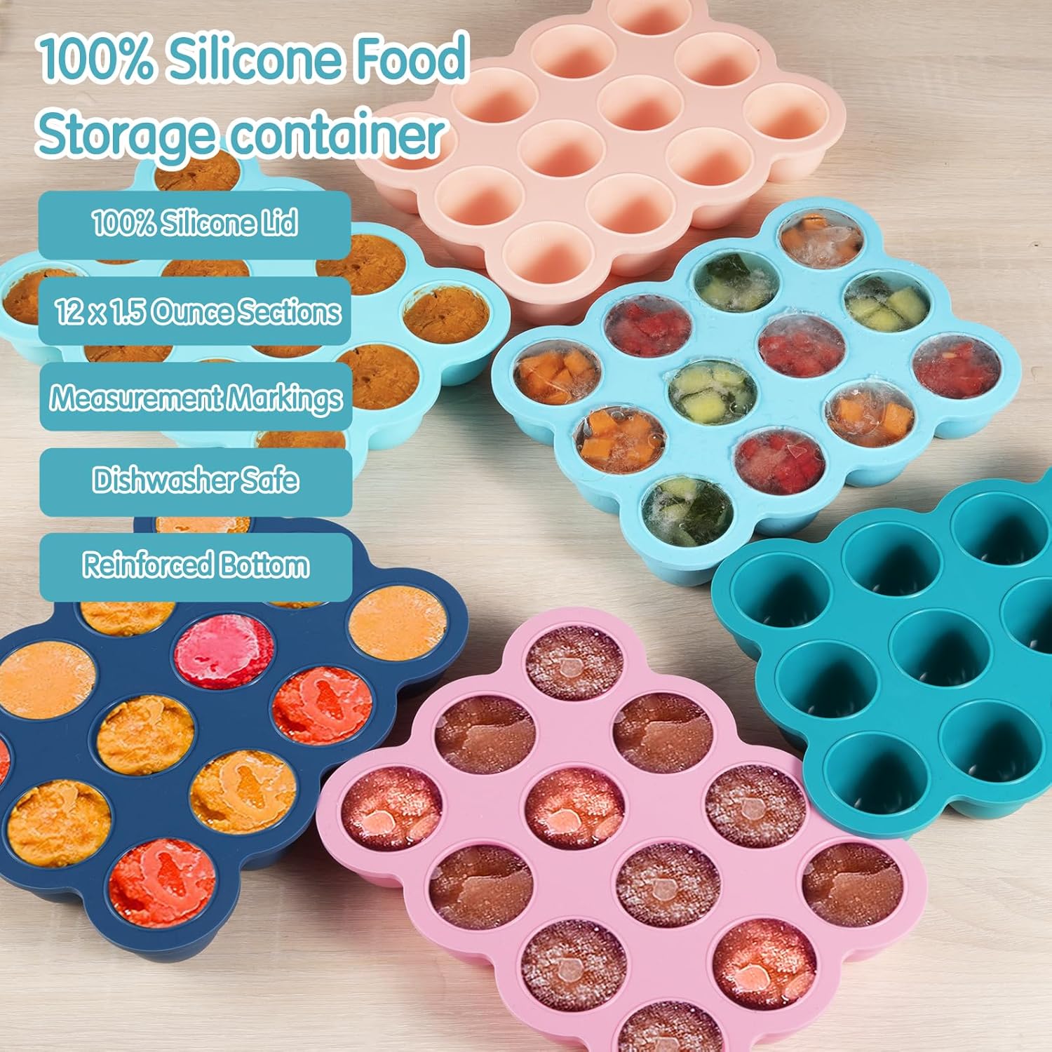Baby Food Storage Container - 12 x 1.5OZ Freezer Tray With Cover, Food Grade Silicone Container for