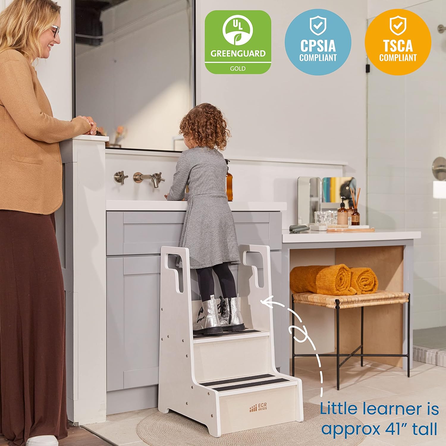 ECR4Kids Reach-Up Step Stool with Handles, Kids Furniture, White Wash