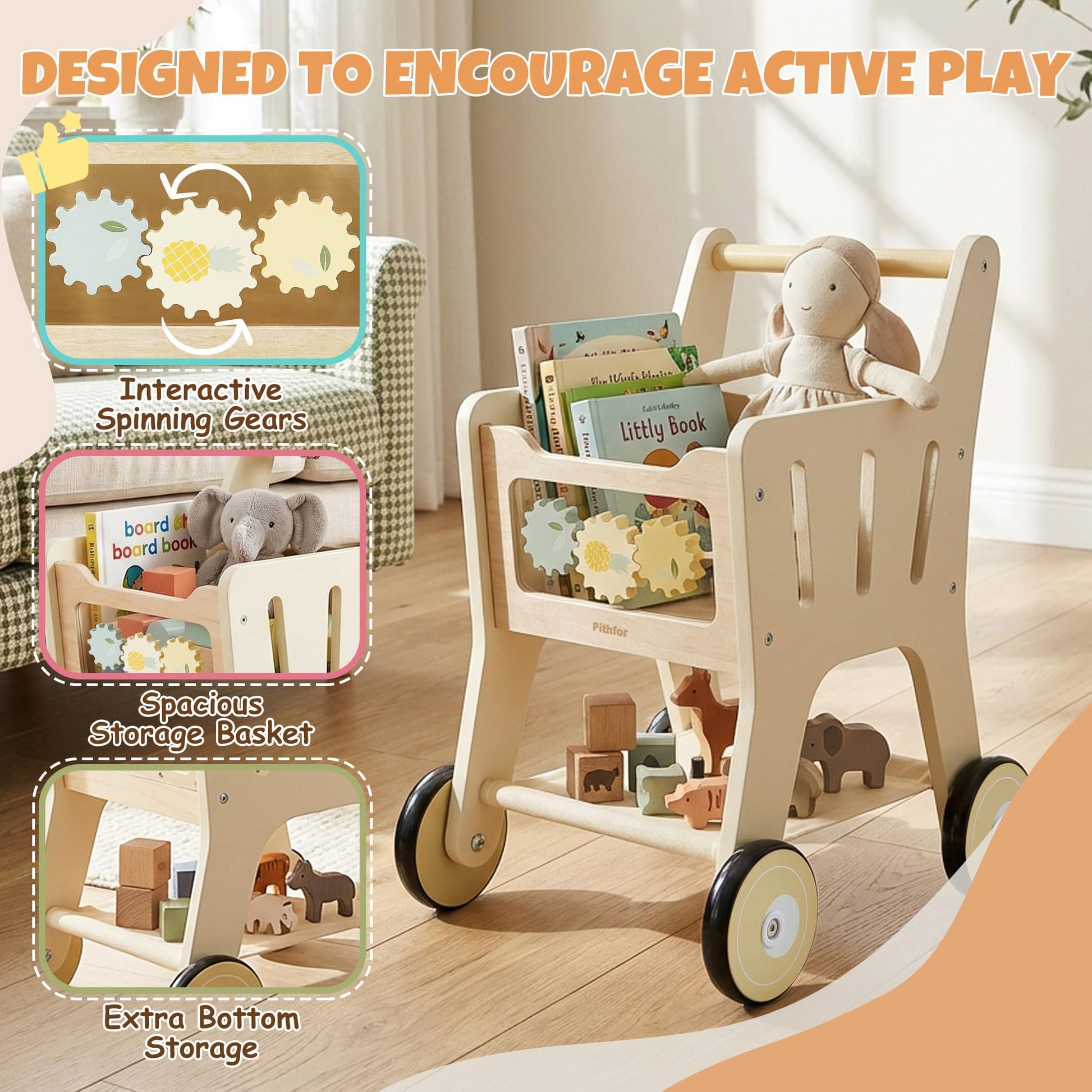 Pithfor Wooden Shopping Cart for Kids, 3 in 1 Wooden Baby Push Walker, Baby Doll Stroller, Toy