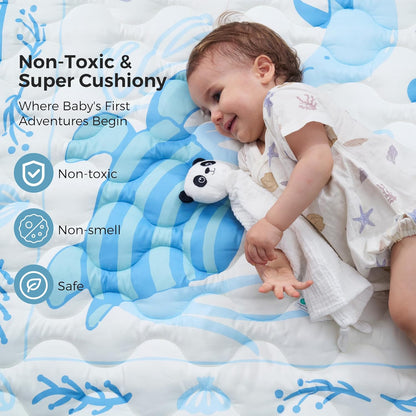 Momcozy Baby Play Mat for Floor, 50x50 Thickened Playpen Mat, Playmate for Baby Tummy Time, Waterproof & Non-Slip, Foldable Outdoor Mat with Carrying Handle, Ocean Theam