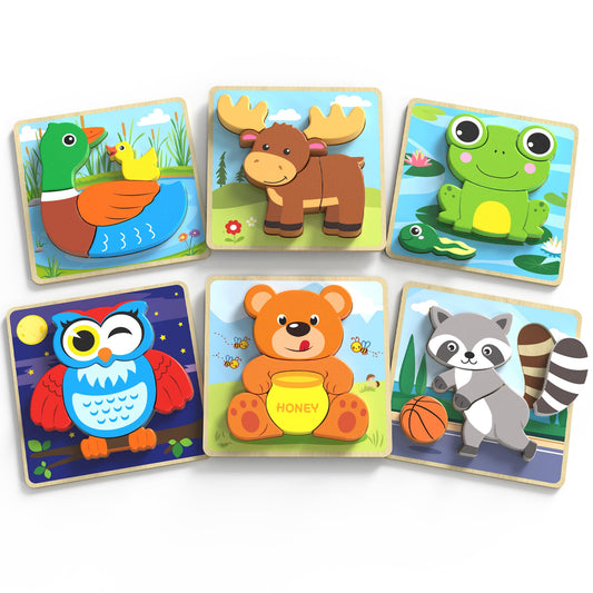 BenBen Wooden Puzzles for Toddlers 1-3, 6 Pack Animal Puzzles for Toddlers 2-4, Montessori Toys for