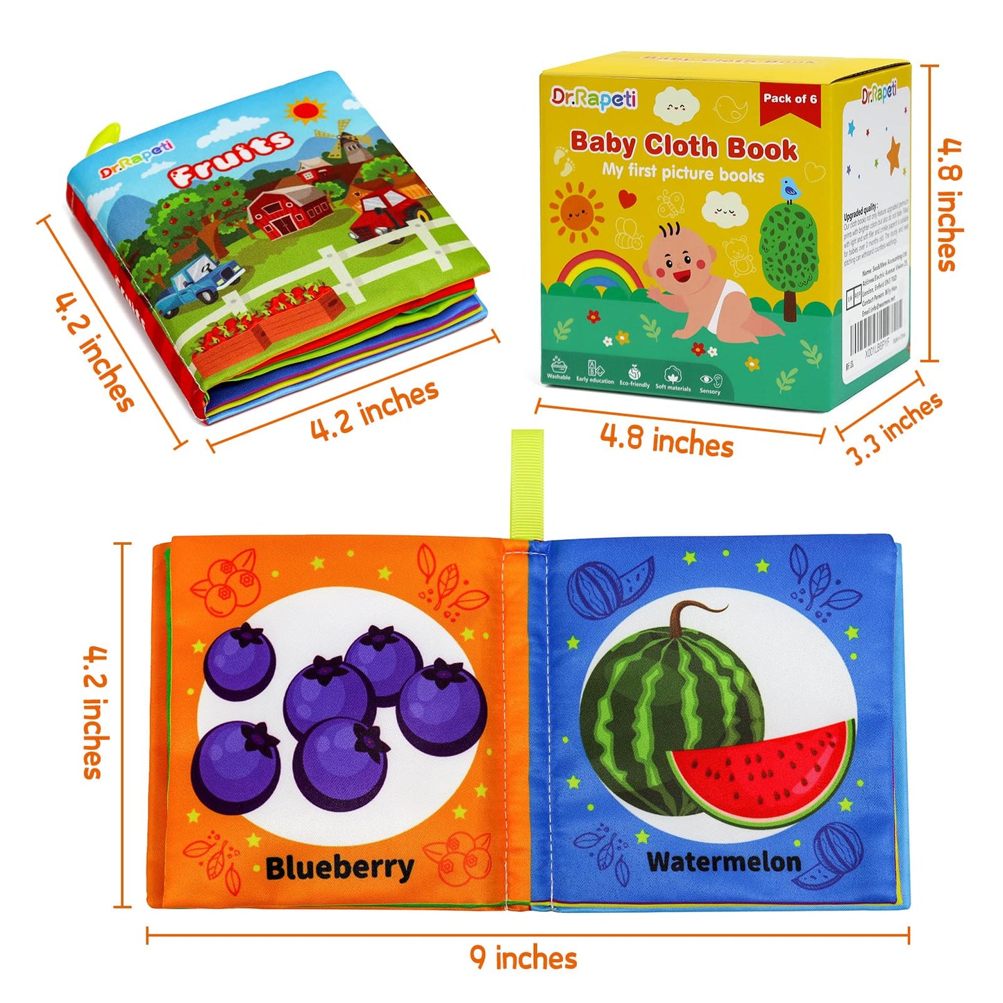 Dr.Rapeti 6 Pack Soft Books, Cloth Book, Bath Book, Baby Book, Crinkle Book