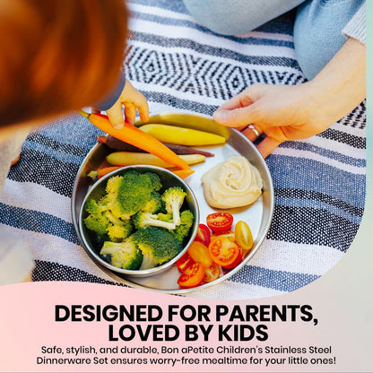 Children's 304 18/8 Stainless Steel Dinnerware Set | 1 Plate (21 cm) and 1 Bowl (10 ounces) | Matte Finish | 100% BPA Free | Non-Toxic | Dishwasher Safe