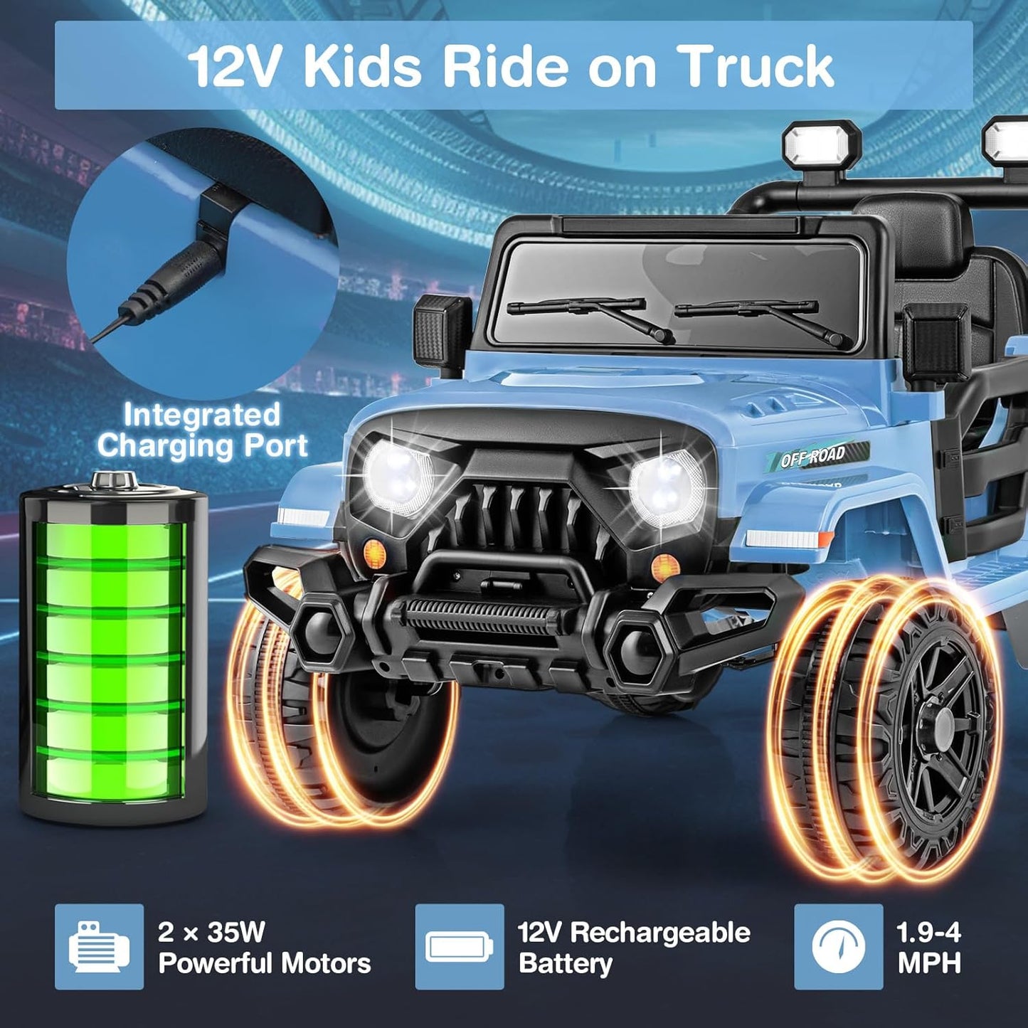 Costzon 12V Kids Ride on Truck Car, Electric Vehicle w/Remote Control, Threaded Wheels, 3 Speeds, LED Lights, Music, Horn & Wireless Connection, Battery Powered Ride on Toy for Boys & Girls 3+ (Blue)