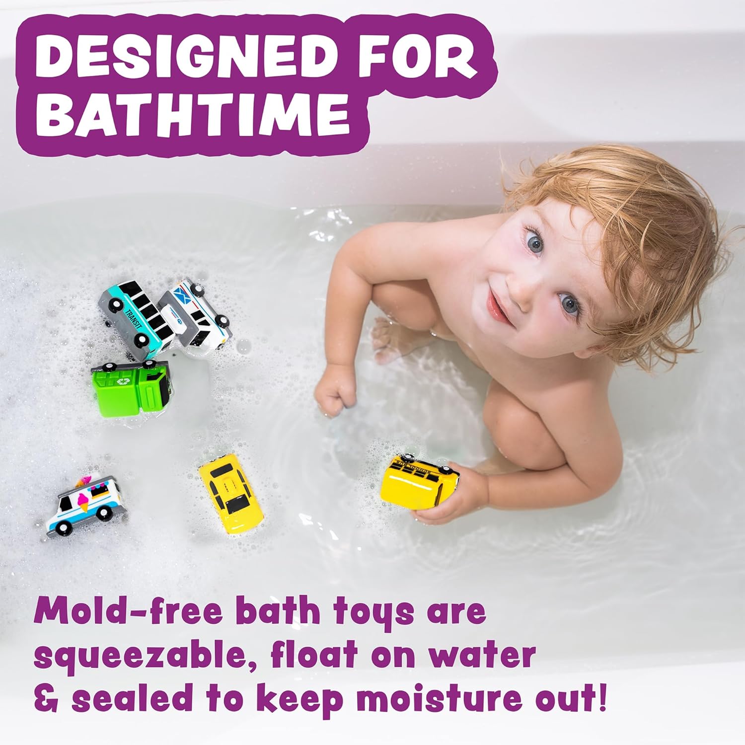 Tub Works® Vehicles™ Bath Cars Mold Free Bath Toys, 6 Pack | Sealed, No Hole Bath Toys Design Keeps