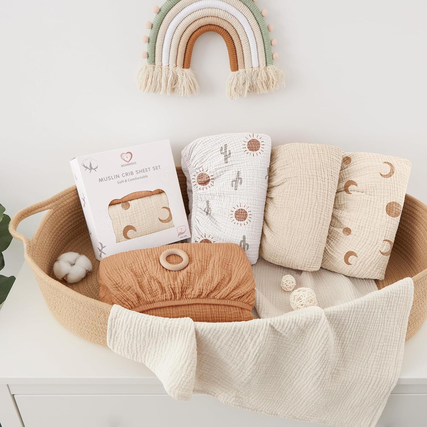 Bearmoss Muslin Mini Crib Sheets for Pack N Play Mattress - 100% Cotton - 38"x24" Soft Breathable