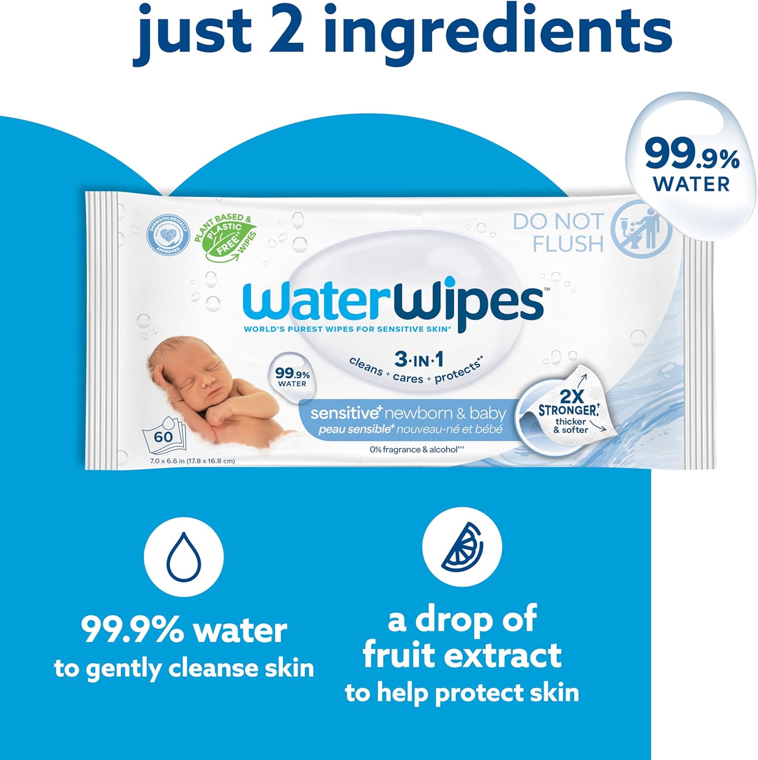 WaterWipes Sensitive+ Newborn & Baby Wipes, 3-In-1 Cleans, Cares, Protects, 99.9% Water, Unscented