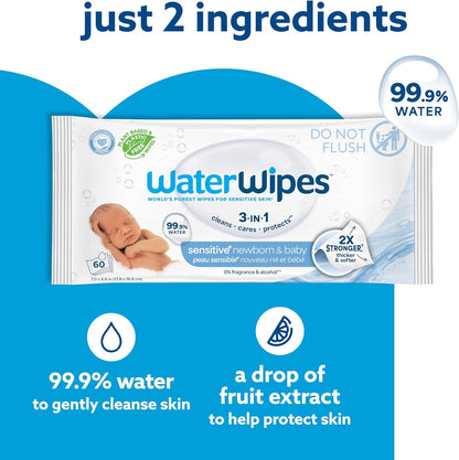 WaterWipes Sensitive+ Newborn & Baby Wipes, 3-In-1 Cleans, Cares, Protects, 99.9% Water, Unscented