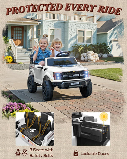 24V Kids Ride On Truck, Licensed Ford F-150 Raptor 2 Seater Electric Car w/Remote Control, Toddler Ride On Car Toys w/LED Lights, Bluetooth, Music, Truck Bed Storage, Soft Start (White)