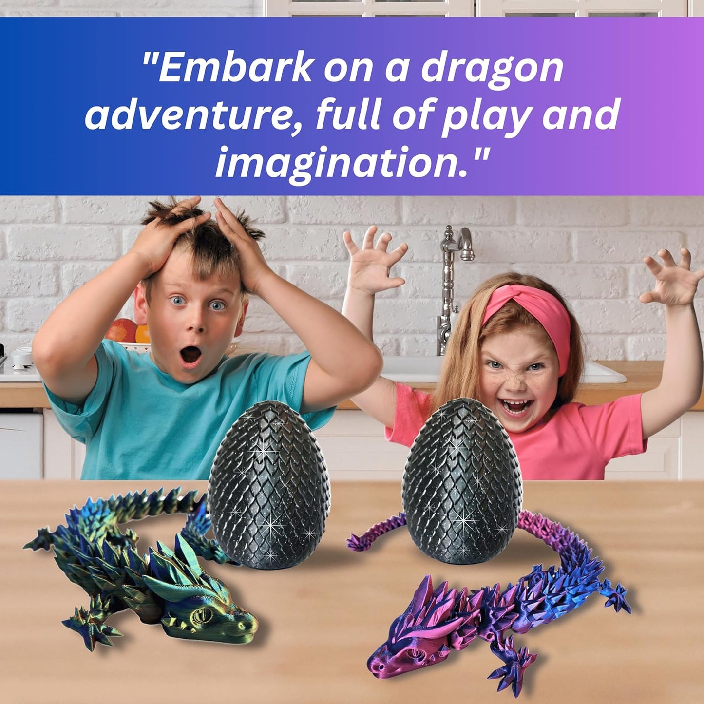 Large 20" Color-Changing Dragon (Improved Design) with Mystic Sparkle Egg, Made in USA - Articulated 3D Printed, 3D Dragon Egg (BLUE/PURPLE/RED & BLACK EGG)…