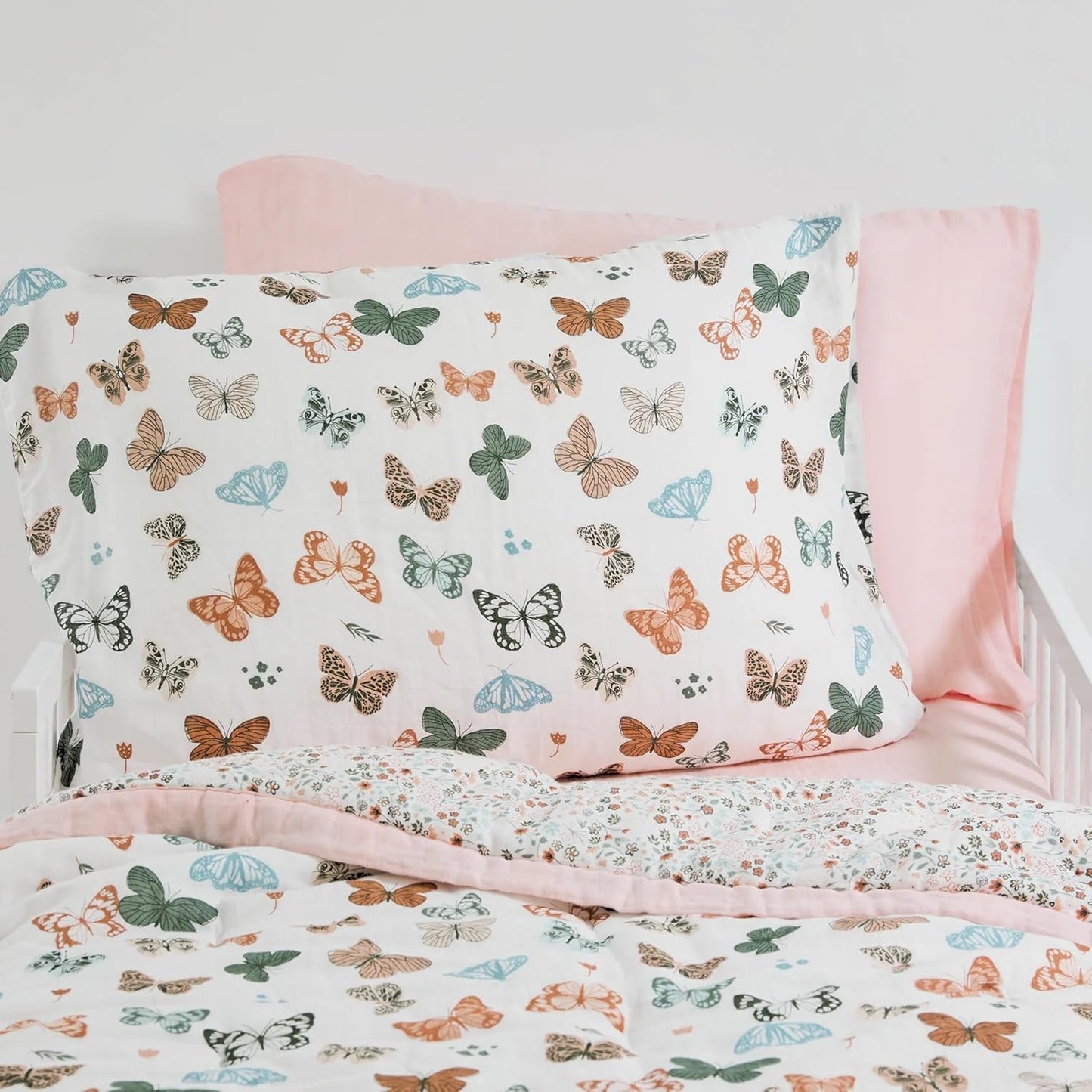 Little Unicorn Standard Pillowcase 2 Pack | Super Soft & Breathable Muslin Fabric | Snug Envelope Closure (Butterflies)