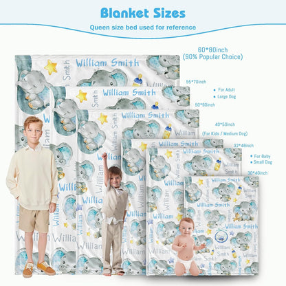 Personalized Elephant Baby Blanket for Boy Girl Custom Name Blanket for Baby Shower Customized Birthday Christmas Newborn Gifts