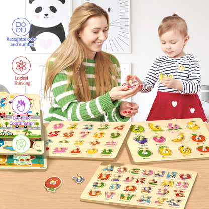 edutree Wooden Peg Puzzles for Toddlers 2-4, 6 Pack Educational Peg Puzzles Montessori Toys