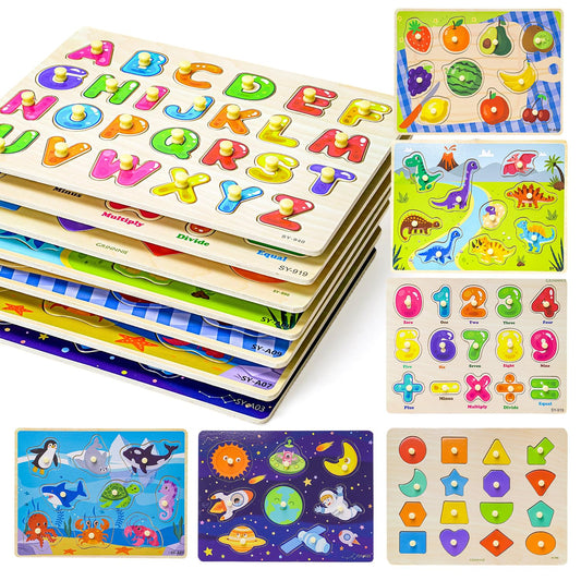 GRINNNIE Toddler Puzzle for 2 3 4 Years Old, 7PCS Montessori Kids Wooden Peg Puzzle Set (Dino