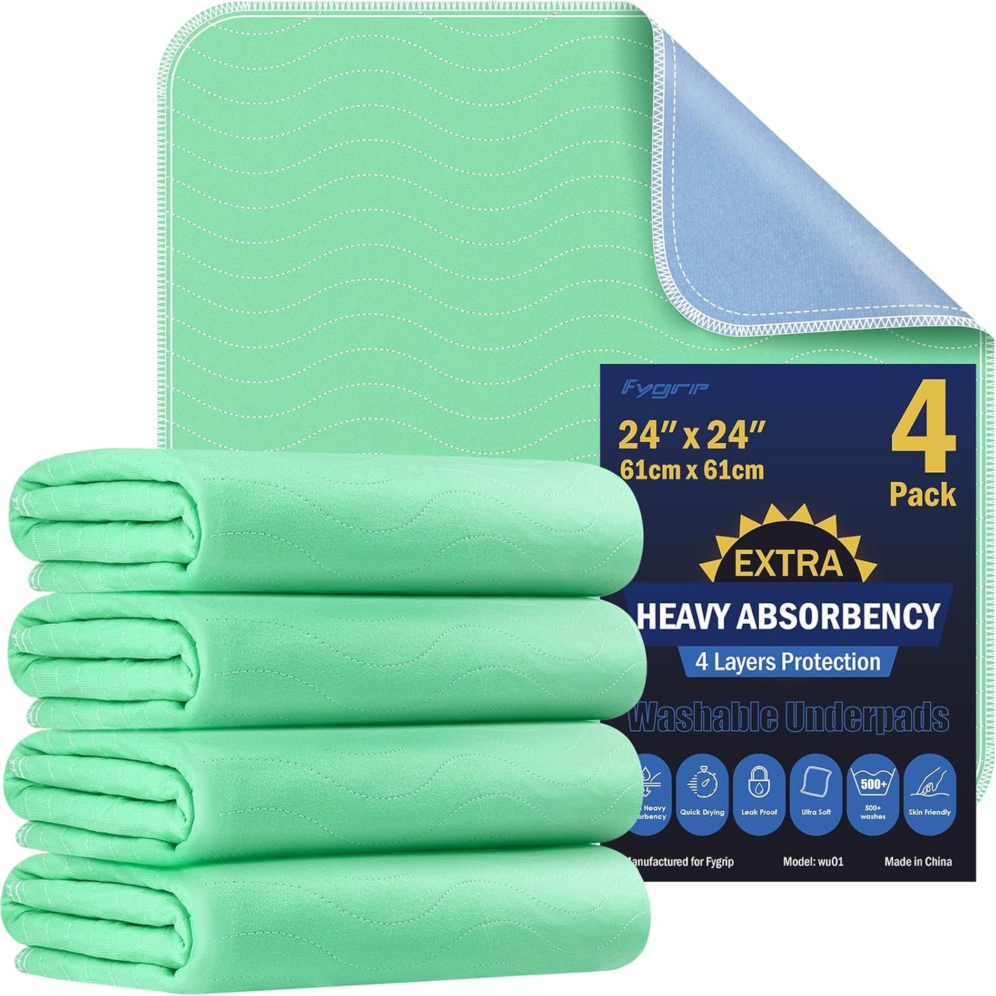 4 Pack 24” x 24” Extra Heavy Absorbency Washable Underpads, Waterproof Nursing Pads Incontinence