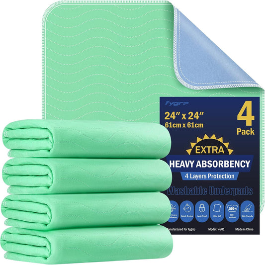 4 Pack 24” x 24” Extra Heavy Absorbency Washable Underpads, Waterproof Nursing Pads Incontinence
