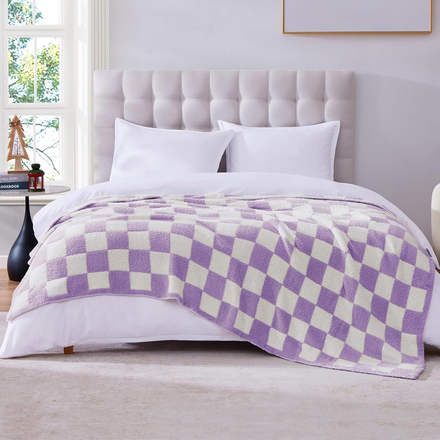 WRENSONGE Checkered Throw Blanket, Purple Soft Cozy Fluffy Warm Hand Made Throw Blankets for Couch