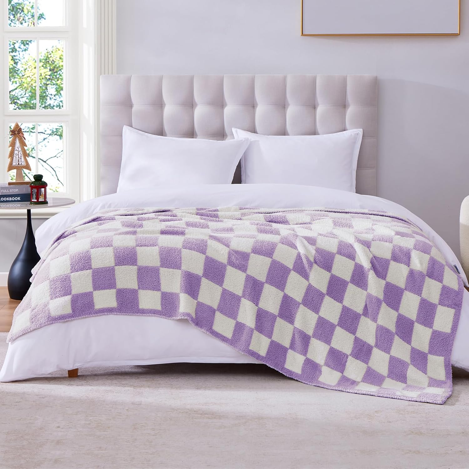 WRENSONGE Checkered Throw Blanket, Purple Soft Cozy Fluffy Warm Hand Made Throw Blankets for Couch