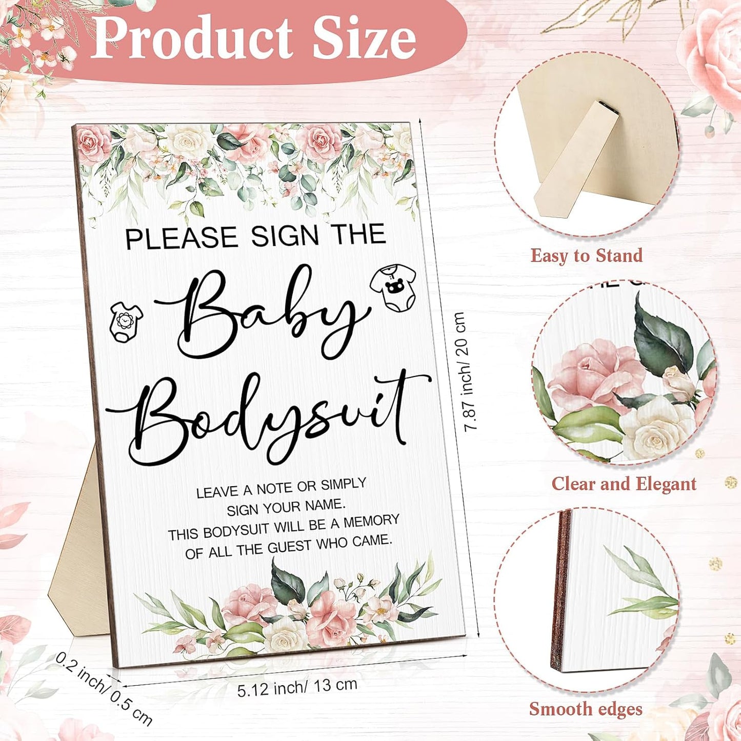 Qunclay 12 Pcs Baby Bodysuit Baby Shower Game Include 1 Game Wooden Sign Tabletop Decor 1 White Blank Newborn Bodysuit 10 Fabric Marker for Gender Reveal Party(Floral)