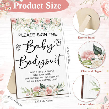Qunclay 12 Pcs Baby Bodysuit Baby Shower Game Include 1 Game Wooden Sign Tabletop Decor 1 White Blank Newborn Bodysuit 10 Fabric Marker for Gender Reveal Party(Floral)