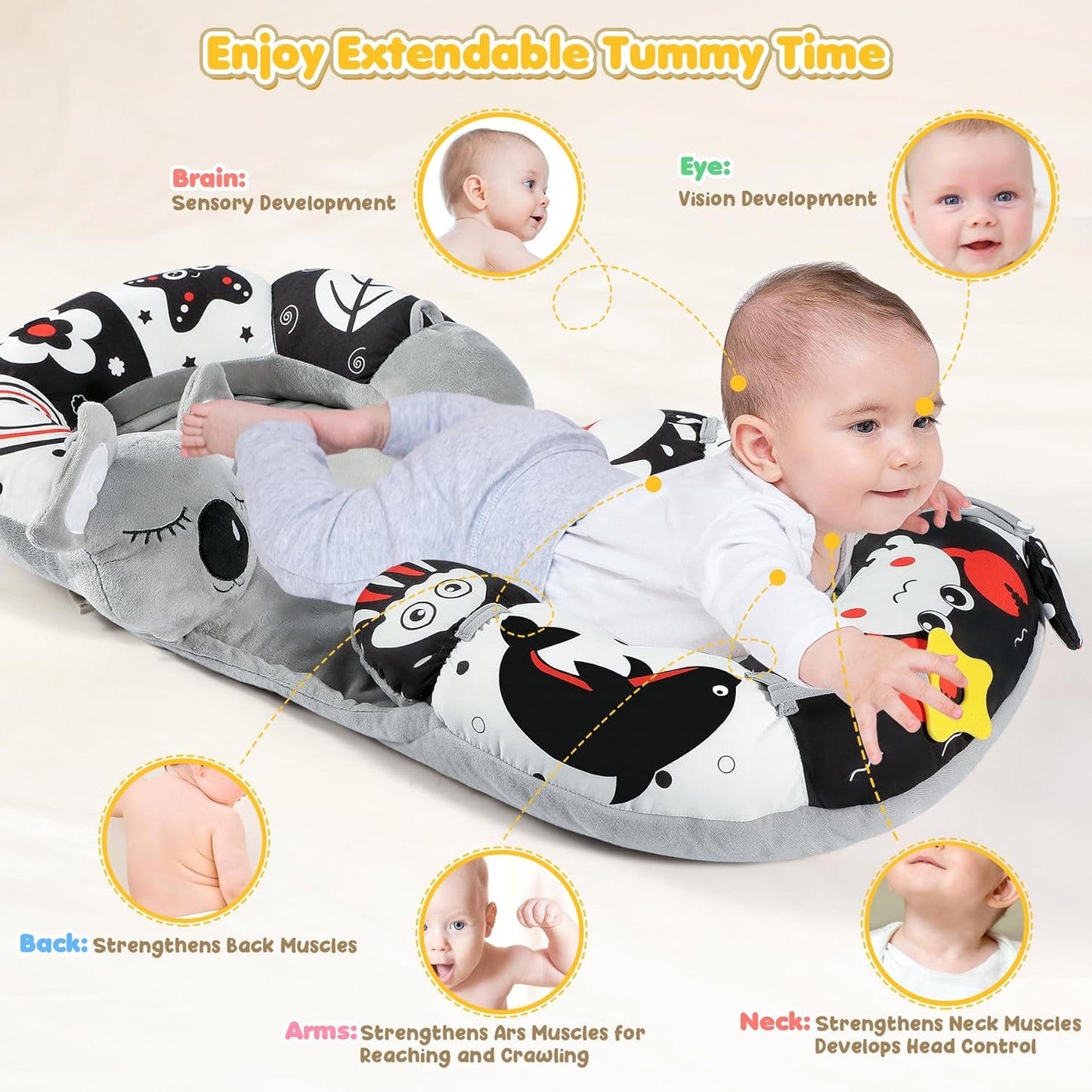 URMYWO Tummy Time Mat - 4 in 1 Cozy Tummy Time & Seated Support Pillow, Tummy Time Pillow for Newborn 0-12 Months, Infant Baby Sit Me Up Floor Seat Early Sensory Development Gifts Tummy Time Play Toys