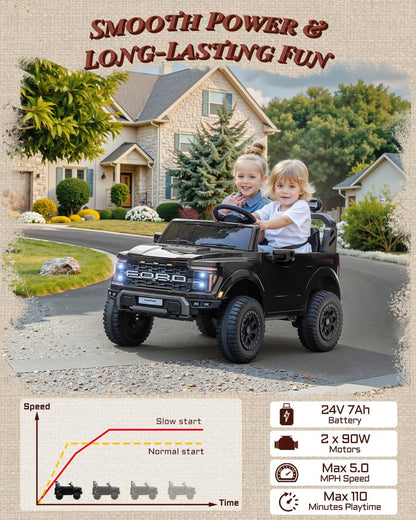 24V Ride on Toys for Big Kids, Licensed Ford F-150 Raptor 2 Seater Kids Ride on Car w/Remote Control, Toddler Electric Car w/LED Lights, Bluetooth, Truck Bed Storage, Soft Start (Black)