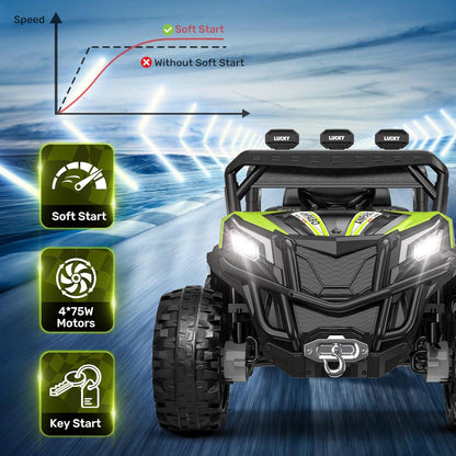 ANPABO 24V 4WD Ride on Car Truck w/Remote Control, 2WD/4WD Switchable Kids UTV, 4 Shock Absorbers, 19" Spacious Seat, Soft Start, Music Player, Electric Car for Kids