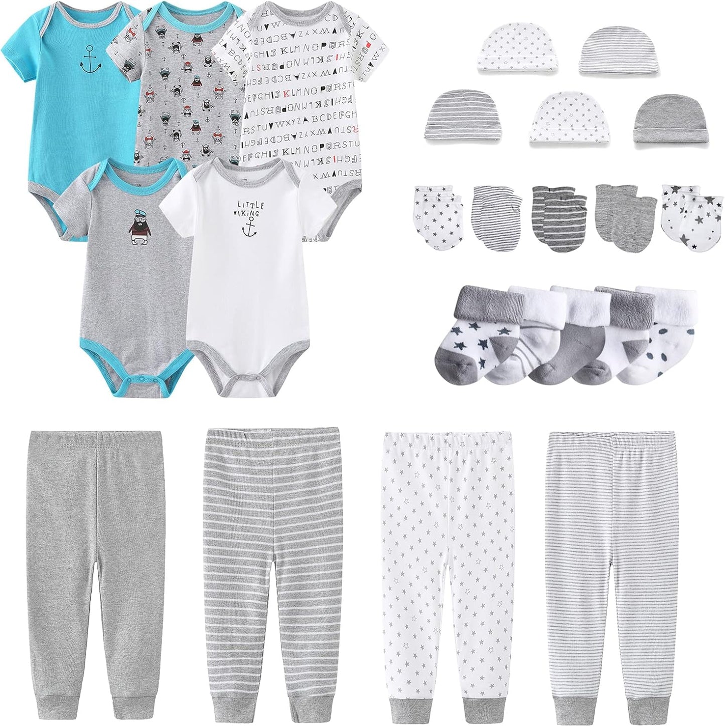 Newborn Layette Gift Set Bodysuits Pants for Baby Girl and Boy 24 Piece 100% Cotton Essentials and Accessories