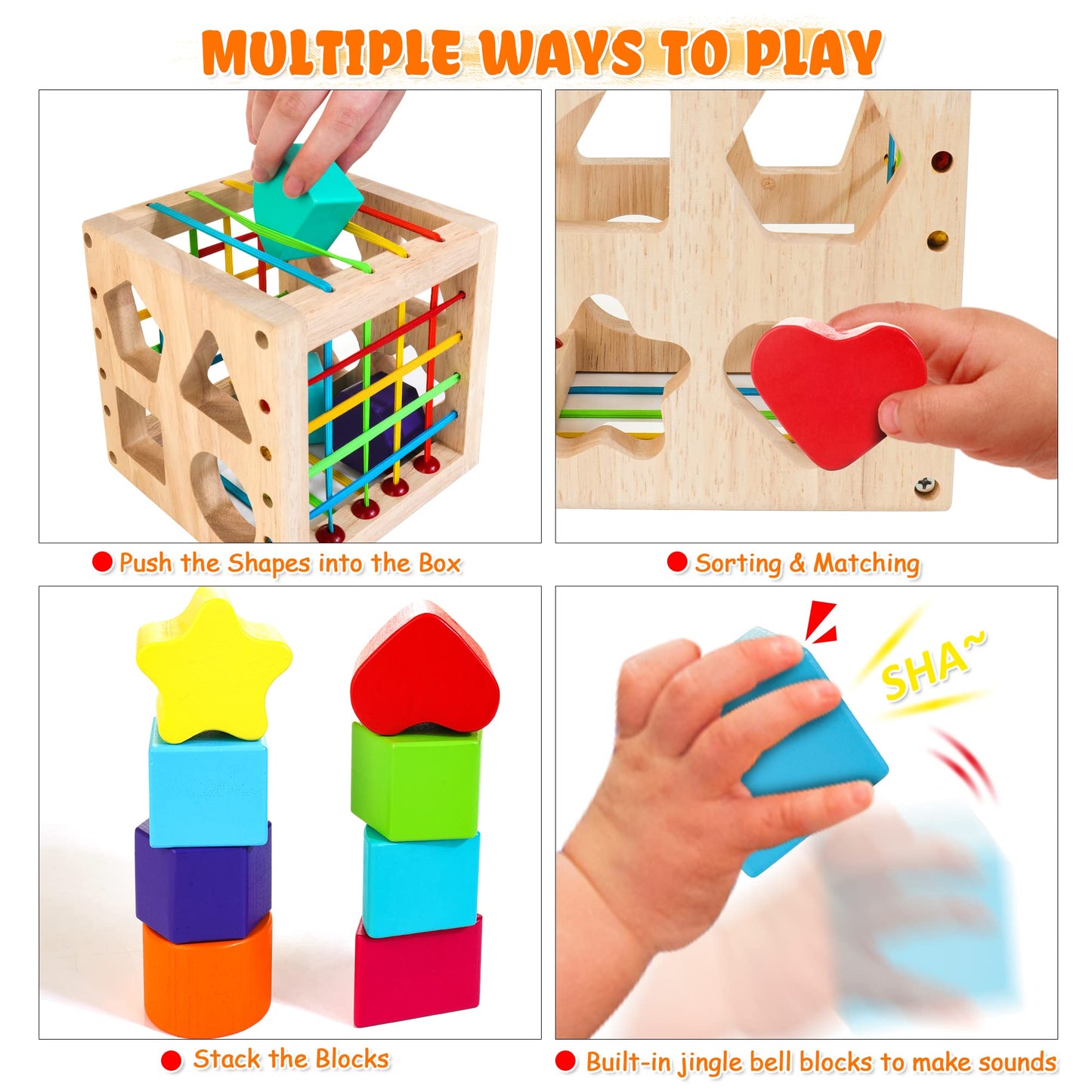 HELLOWOOD Montessori Toys for 1+ Year Old, Wooden Sorter Cube with 8pcs Rattling Shapes