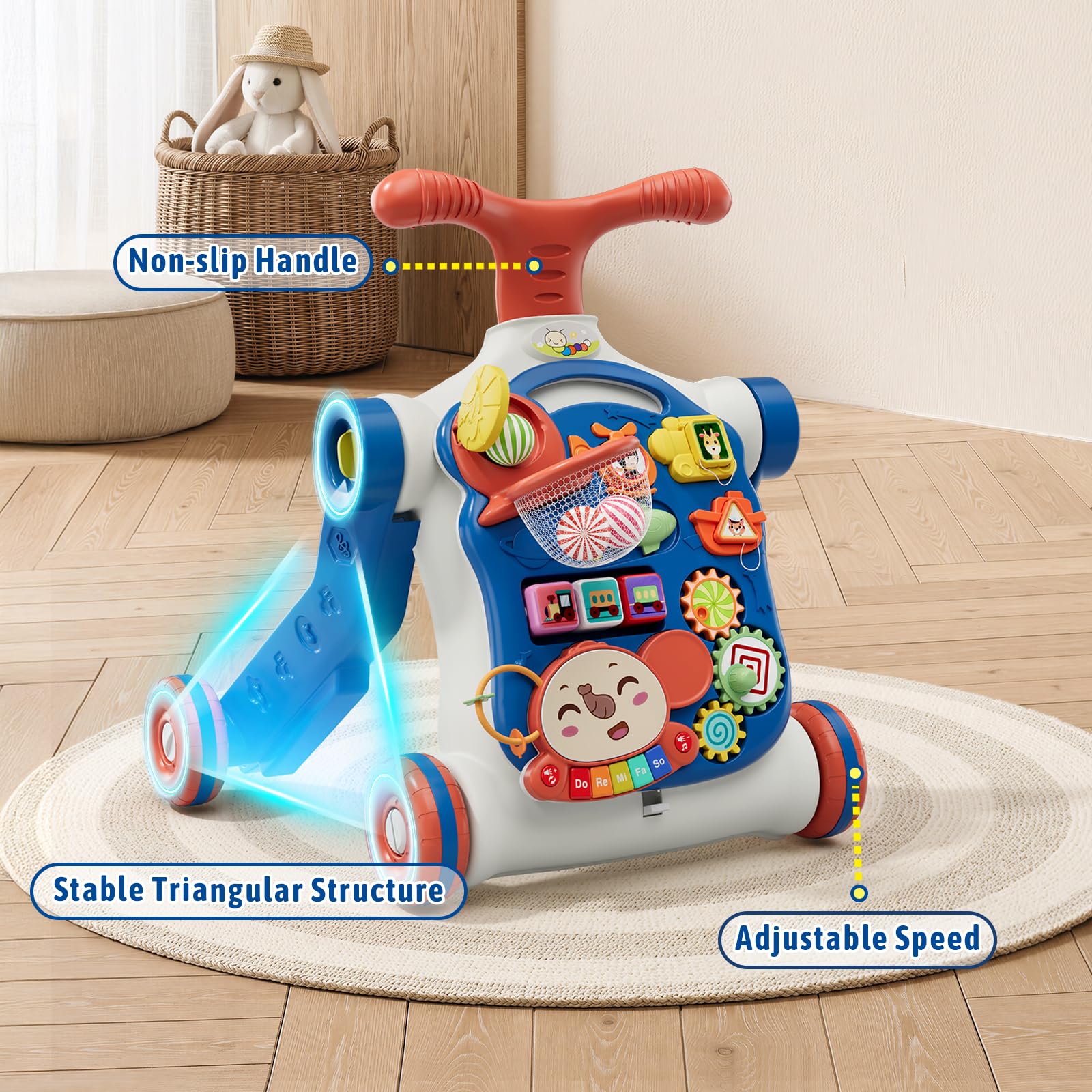 HYES 5 in 1 Baby Push Walker for Baby Boy, Blue