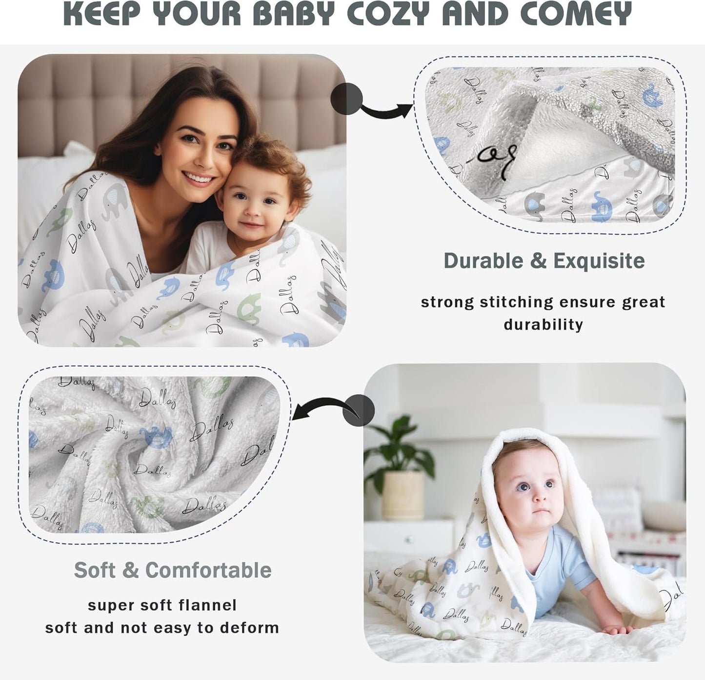 Personalized Baby Name Blanket for Boy Girl Custom Elephants Blanket for Newborn Customized Gifts for Baby Shower Birthday Christmas