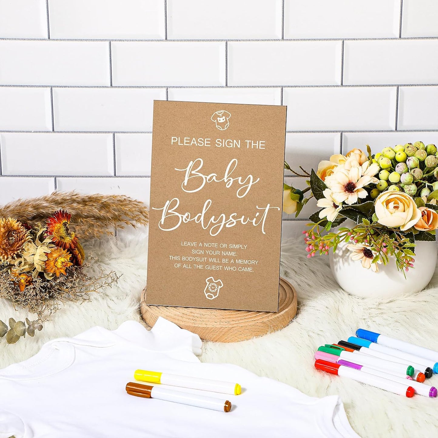 Qunclay 12 Pcs Baby Bodysuit Baby Shower Game Include 1 Game Wooden Sign Tabletop Decor 1 White Blank Newborn Bodysuit 10 Fabric Marker for Gender Reveal Party(Kraft)