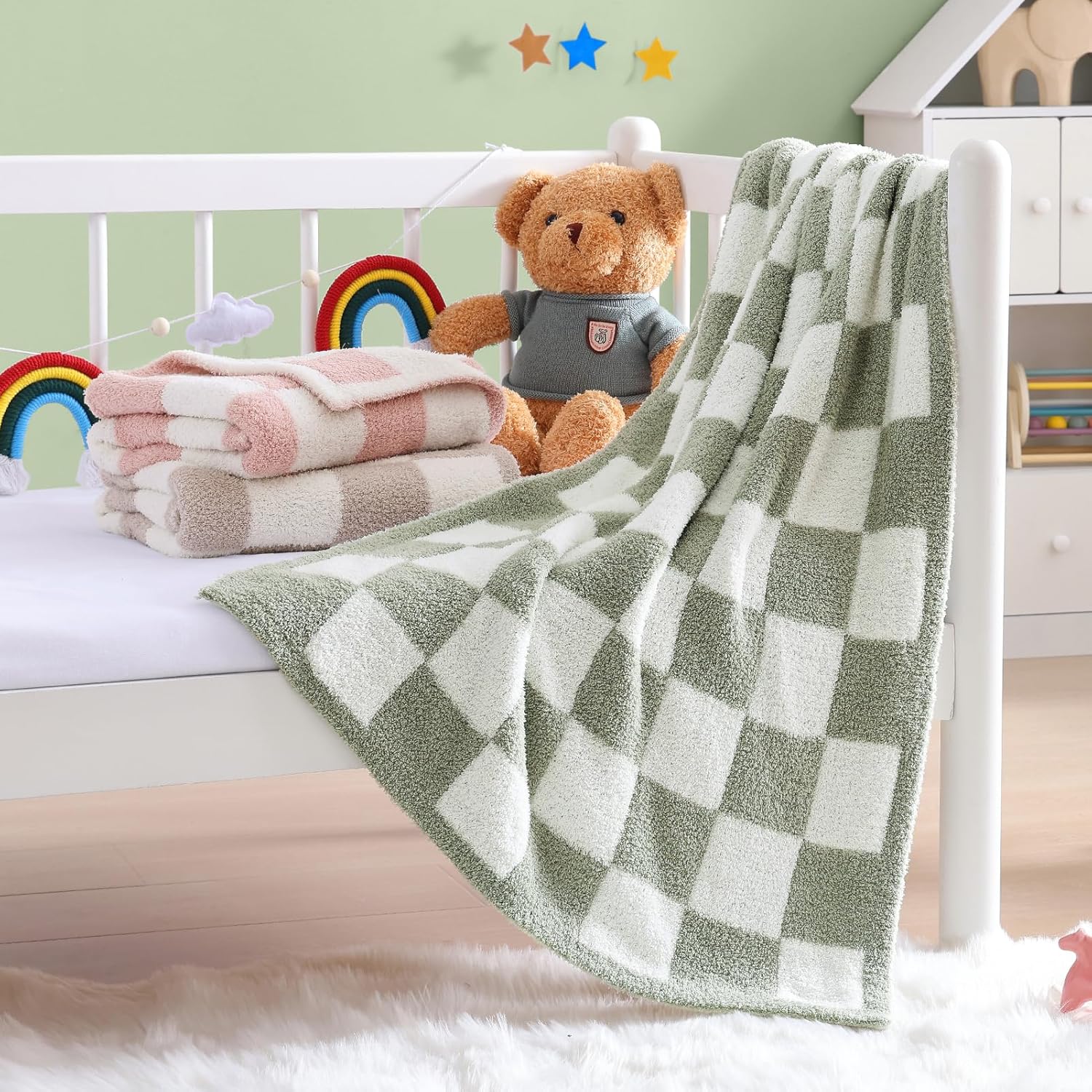 WRENSONGE Checkered Throw Blanket, Sage GreenSoft Cozy Fluffy Warm Hand Made Throw Blankets for