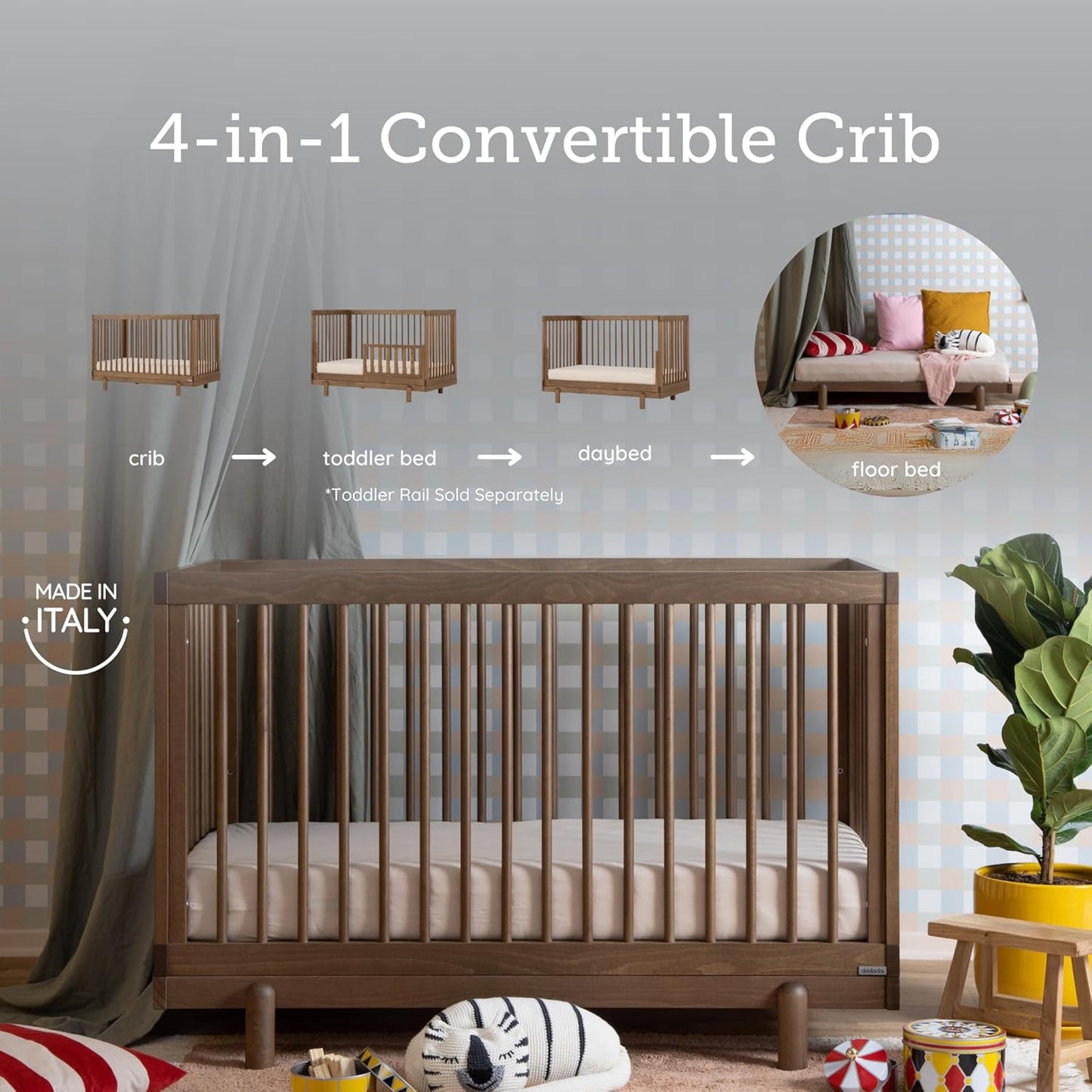 dadada Baby Bliss 4 in 1 Convertible Crib to Toddler Bed & Floor Bed – Made in Italy, GREENGUARD Gold Certified, Baby-Safe Finish, Sustainable Beech Wood, Modern Design, 4 Adjustable Heights (Walnut)